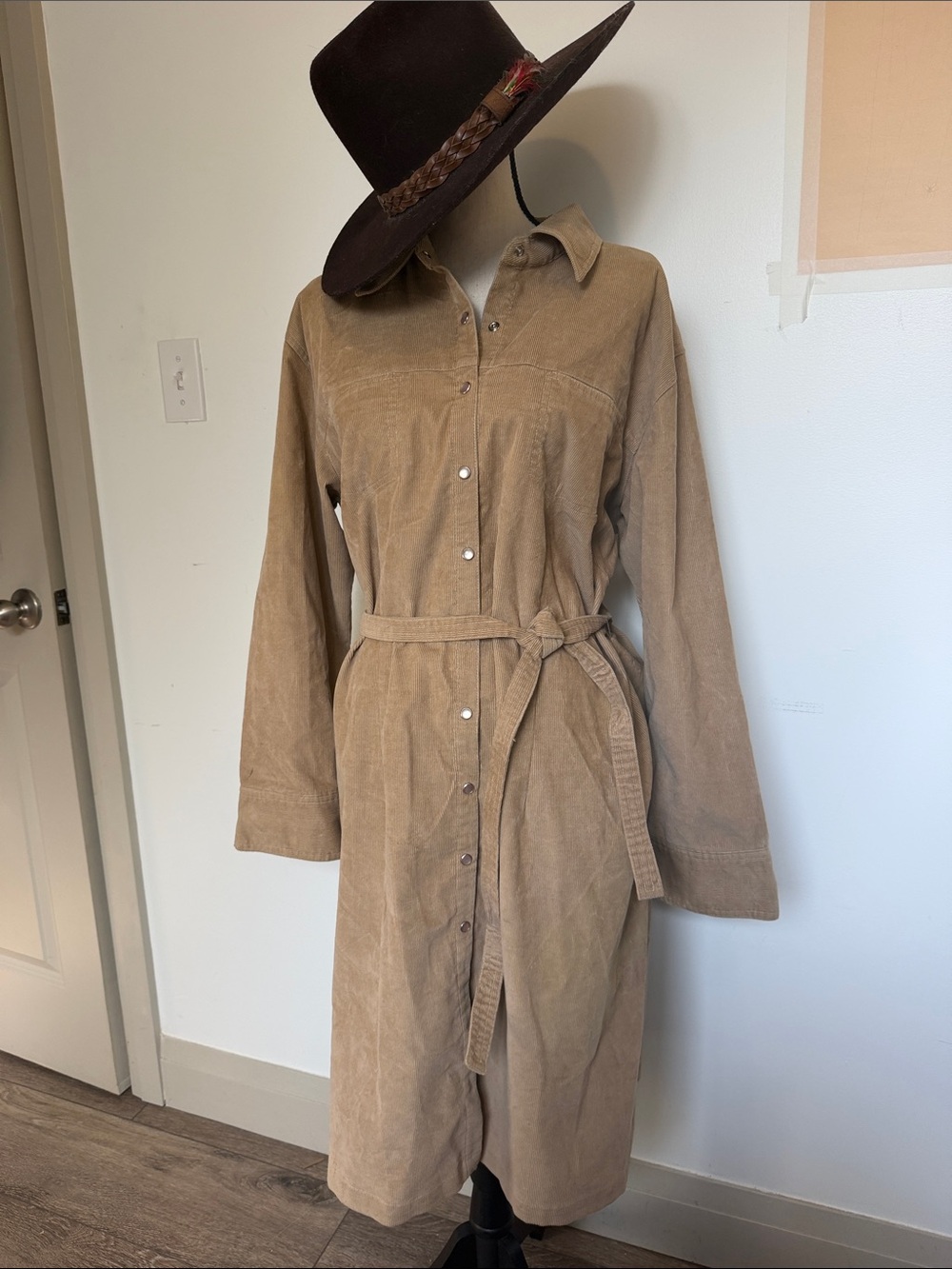 Cotton Ginny Plus Medium Corduroy Shirt Dress with Waist Tie - Taupe